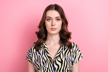 Fototapeta na wymiar Closeup photo of model young influencer brown wavy hair girl wear zebra retro shirt serious successful rich person isolated on pink color background