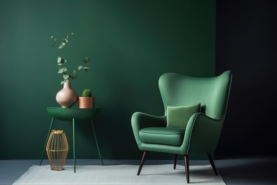 Home interior mock-up with green sofa, table and decor in living room, 3d render | Living room with green armchair on empty dark green wall background | Green wall background, Generative AI