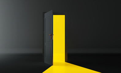 Open the door. Symbol of new career, opportunities, business ventures and initiative. Business concept. 3d render, yellow light inside open door isolated on black background. Modern minimal concept. - obrazy, fototapety, plakaty