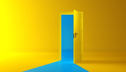 Open the door. Symbol of new career, opportunities, business ventures and initiative. Business concept. 3d render, blue light inside open door isolated on yellow background. Modern minimal concept.