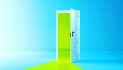 Open the door. Symbol of new career, opportunities, business ventures and initiative. Business concept. 3d render, green light inside open door isolated on blue background. Modern minimal concept.