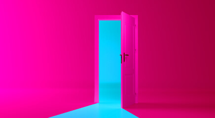 Open the door. Symbol of new career, opportunities, business ventures and initiative. Business concept. 3d render, blue light inside open door isolated on pink background. Modern minimal concept.