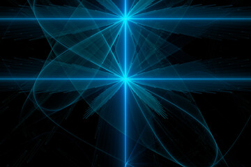 Blue glowing double pattern of rays and cannabis leaves on a black background. Abstract fractal 3D rendering