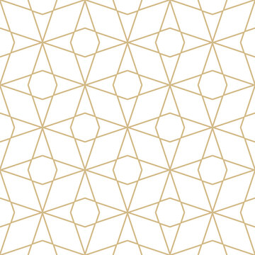Vector minimalist geometric seamless pattern with thin lines, diamond grid, lattice. Subtle gold and white texture with triangles, rhombuses. Luxury golden minimal background. Simple repeat design