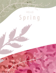 Spring card with textured leaves, branches and pink and green textured elements, template for a invitation, text, menu, poster.