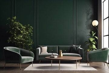 Green wall background, minimalist sofa | Living room with green armchair on empty dark green wall background | Modern loft living room interior design and green wall,Generative AI