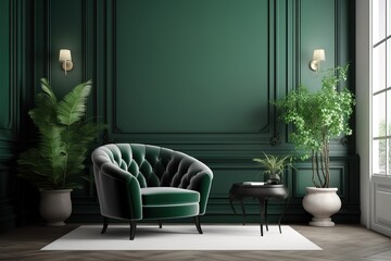 Home interior mock-up with green sofa, table and decor in living room, 3d render | Living room with green armchair on empty dark green wall background | Green wall background, Generative AI