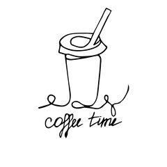 One line paper Cup of Coffee isolated on white background with inscription. Line art simple black contour mug with Hot drink. 