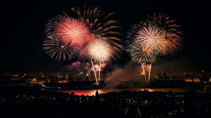 Fototapeta premium exploding fireworks scene background at night, for celebration concept, generate ai
