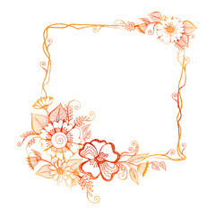 Square vintage frame decorated with flowers, leaves and verdure. Hand drawn vector illustration
