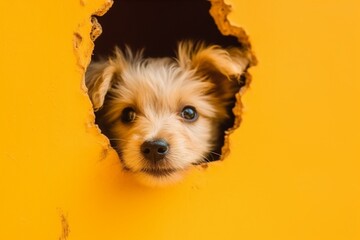 Funny dog looks through ripped hole in yellow paper.