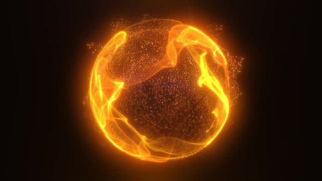 Abstract fire orange looped energy sphere of particles and waves of magical glowing on a dark background, video 4k