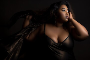 Beautiful African American brunette fictional plus size model wearing the black dress portrait. Body positivity and diversity. Generative AI