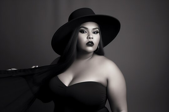 Black and white picture of a Beautiful fictional plus-size model wearing a black hat portrait. Body positivity and diversity. Generative AI