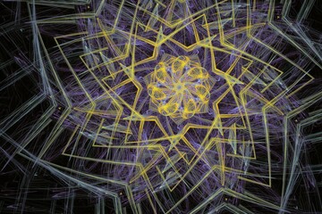 Yellow purple pattern of crooked threads and waves on a black background. Abstract fractal 3D rendering
