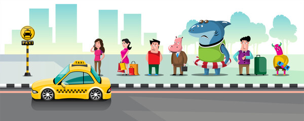 Taxi driver and taxi customers of the service. People queuing for taxis at a taxi stand in the city. © Johnstocker