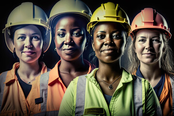 Group of diverse female workers in hard hats, Generative AI