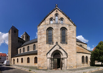 Fototapeta na wymiar Panoramic view of the romanesque St. Moritz church with its transept gable in the old town of Halberstadt, Germany