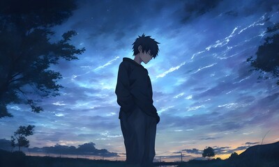 Fototapeta premium anime boy alone night scenery 4k - Rare Gallery, silhouette of a person, silhouette of a person in sunset, anime 4K wallpaper, Generative AI
