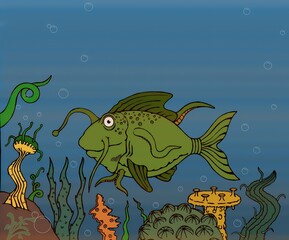 Obraz na płótnie Canvas beautiful illustration of green fish with tentacles and aquatic plants in a martian ocean.