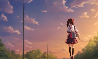 anime school student girl walking 4K wallpaper, girl walking in the field, girl in the field, two women running on a hill, two girl running on the road, Generative AI