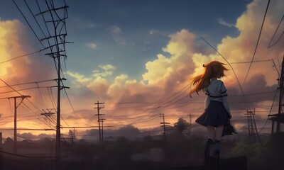 anime girl outside power lines clouds wallpaper, woman in the sunset, girl in the evening, girl in the sunset, silhouette of a girl in the sunset, Generative AI