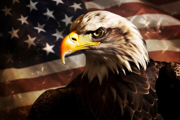 Eagle in front of a usa stars and stripes flag. Generative ai