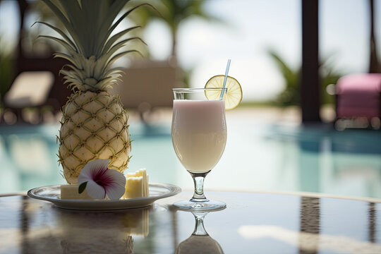 Generative AI illustration of white milky cocktail with lemon and straw and plate with bunch and freshly cut pineapple with flower on smooth marble table in cafe beside pool in daylight