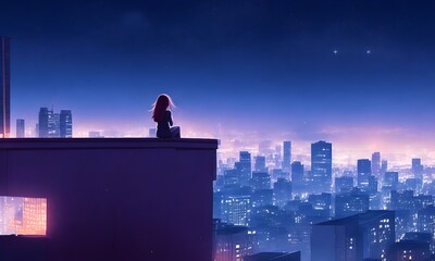 Girl watching falling star alone seating on roof top, city background, 4K wallpaper, city at night, night city skyline, city skyline, beautiful city skyline view, view of the city, Generative AI