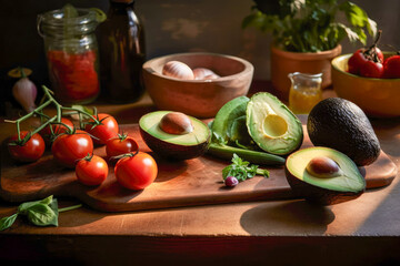 Generative AI image of fresh ripe tomatoes green half cut avocado and garnishing items kept in daylight on cutting board and in process of preparation of meal