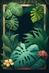 2D flat middle board surrounded by tropical plants background,Generative AI