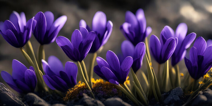 Background of violet crocuses closeup