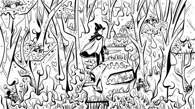 Line art style illustration of a hero walking along a path in a witching forest. It can be used as art, print, pattern, coloring book, etc.
