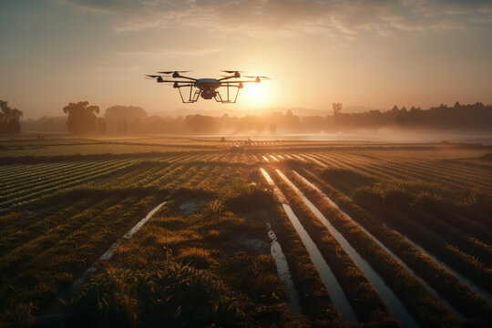 Generative AI image of future farmer tools of flying drone spraying pesticides on wet agriculture field with rows of plants against early morning sun
