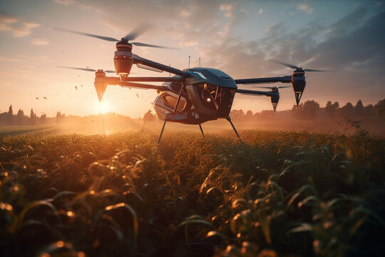Generative AI image of future farmer tools of flying drone spraying pesticides on wet agriculture field with rows of plants against early morning sun