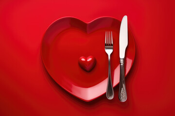 Plate in shape of heart and  knife and fork on red table.
