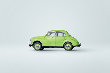Retro car parked on white background