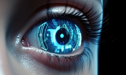 Close-up high-tech image of human eye. Technology concept. Creating using generative AI tools