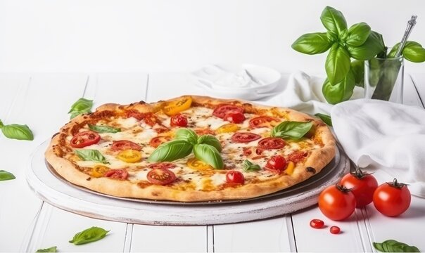 Pizza with cheese tomatoes and basil. Creating using generative AI tools