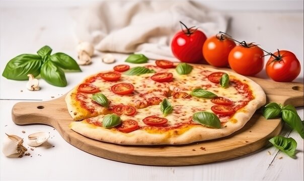 Pizza Margarita with Tomatoes, Basil and Mozzarella Cheese close up. Creating using generative AI tools