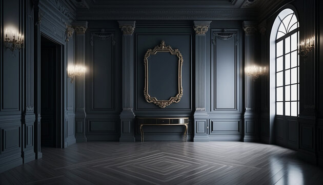 Empty vintage old dark room interior with classic black walls. Retro style design. Background, wallpaper. Generative AI