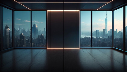 Empty loft unfurnished contemporary interior with lift and city skyline, view from glass window.  Downtown. Modern design. Generative AI