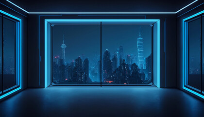 Interior empty room with night city skyline view from glass window. Modern design. Generative AI