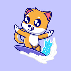Cute surfing dog cartoon icon illustration. funny gift cartoon. Business icon concept. Flat cartoon style