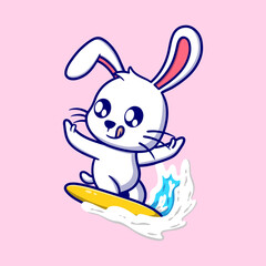 Cute surfing bunny cartoon icon illustration. funny gift cartoon. Business icon concept. Flat cartoon style
