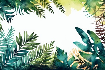Watercolor Tropical Jungle Background Frame of Palm Tree Leave,Generative AI