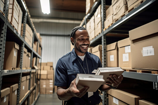 Generative AI illustration with low angle of cheerful African American male worker in casual clothes standing with books in hands while working in warehouse