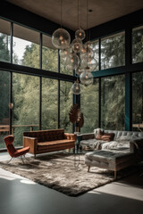 In the living room of a beautiful modern house there is a large window leading out to nature.