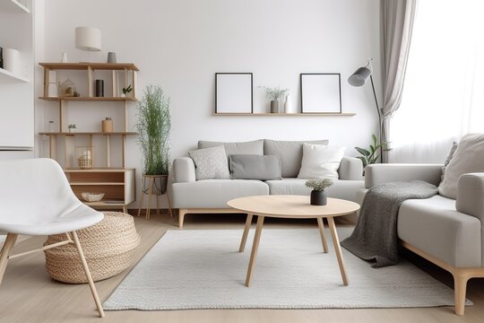 Bright living room interior with white empty wall | Beautiful contemporary living room home interior | Modern kitchen and modern living room in white interior design, Generative AI