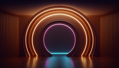 Empty futuristic studio room with glowing neon lines and circles background. Colored lights. Wooden walls and parquet floor.  Luxury design. Generative AI
